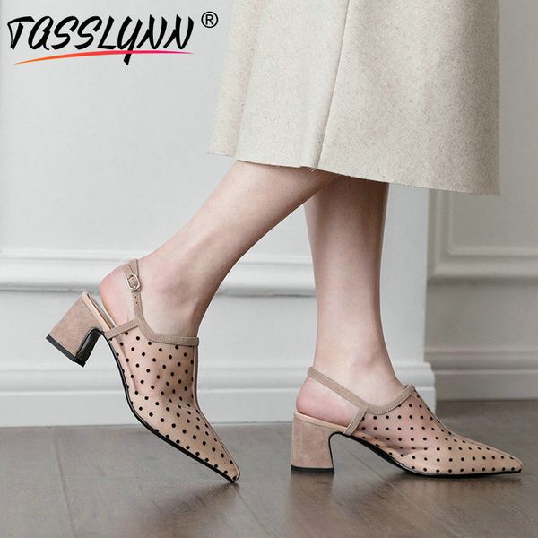 

tasslynn 2019 women pumps mesh pointed toe designer shoes women luxury buckle strap polka dot mules shoes size 34-43, Black