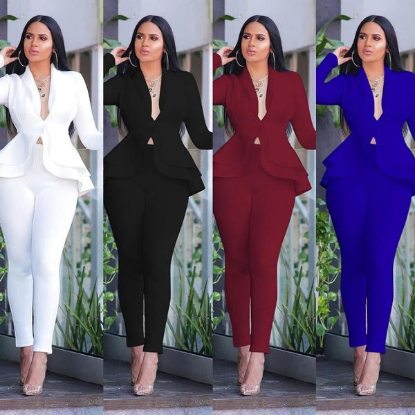 

office women two piece set solid ruffle jacket coat skinny pants ladies autumn elegant business suit plus size s-2xl, White