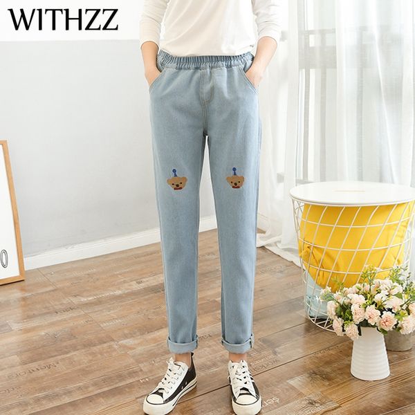 

withzz autumn women high waisted casual trousers streetwear denim slim trousers elastic waist pants cartoon embroidery jeans, Blue