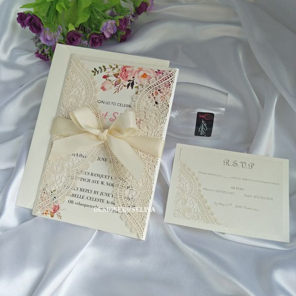 

IVORY Селина Лазерная резка Свадебные Wrap приглашение с RSVP карты и бежевого ленты - Lac