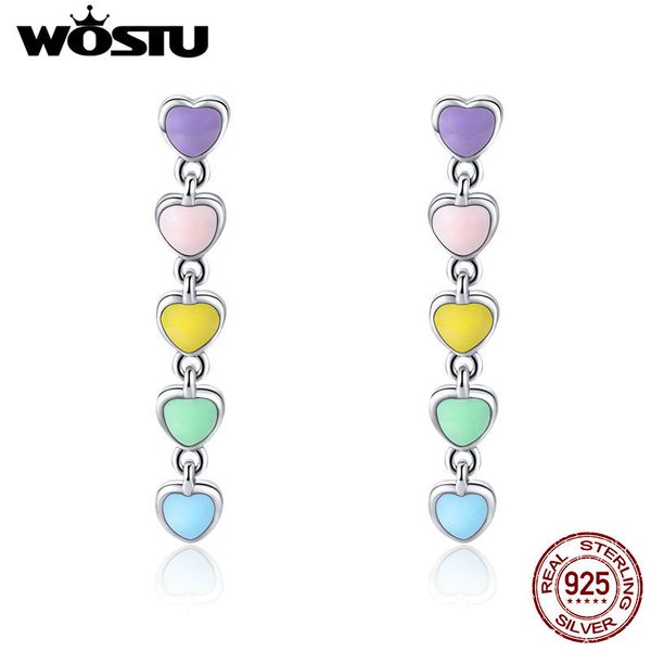 

wostu real 925 sterling silver multi-color rainbow heart drop earrings for women brand s925 silver jewelry gift cqe451