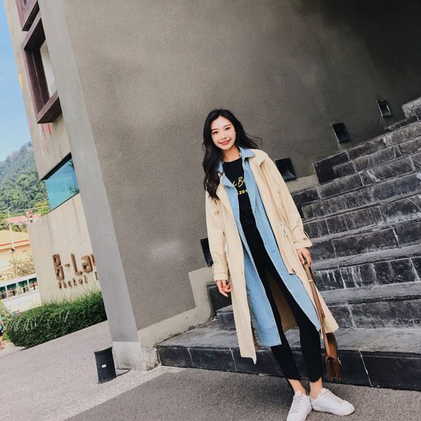 

2019 new autumn fashion long sleeve lapel windbreaker split joint denim removable drawstring pocket coat woman z210, Tan;black