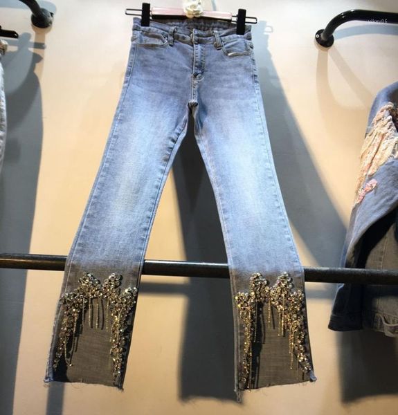 

diamond jeans woman 2019 spring summer new foot hand studded drill rhinestone high waist slim small foot jeans pencil pants girl1, Blue