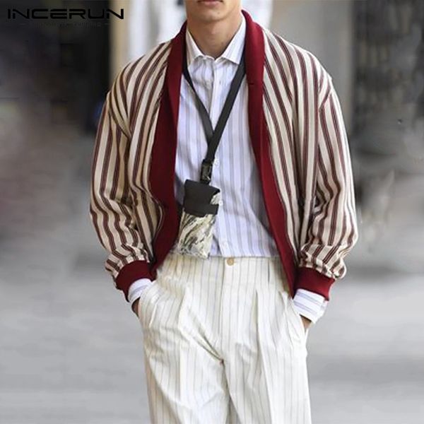 

incerun autumn fashion men striped long sleeve cardigan jackets casual joker mens harajuku kimono outerwear coats streetwear 7, Black;brown