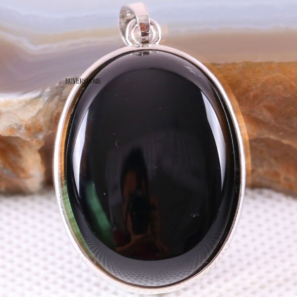 

silver color oval natural stone bead black onyx women necklace pendant 1pcs k652