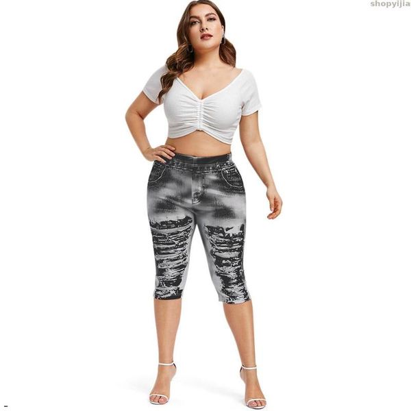 

лето женщина леггинсы streetwear 5xl эластичные высокий wasit узкие джинсы брюки плюс размер 3d рваные джинсы печати поножей, Blue