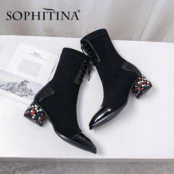 

sophitina fashion unique square high heel women's boots comfortable lace up boots square toe mo416, Black