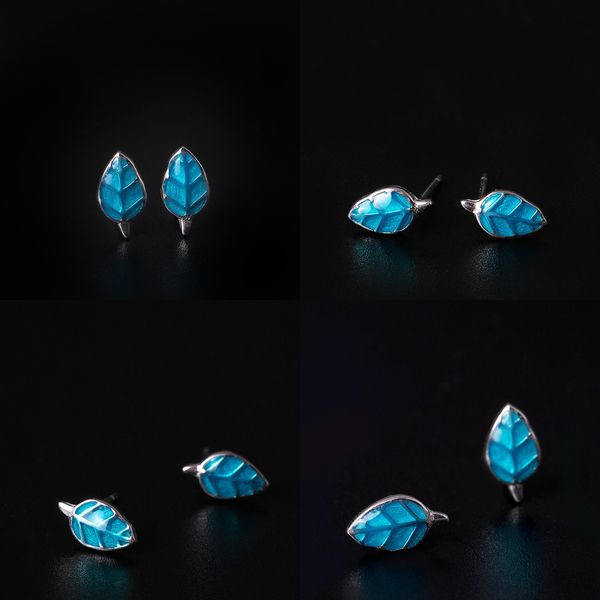 

925 s silver personality oil dripping earring woman fund literature small fresh blue leaf ear nail concise mini- auricular needling, Golden