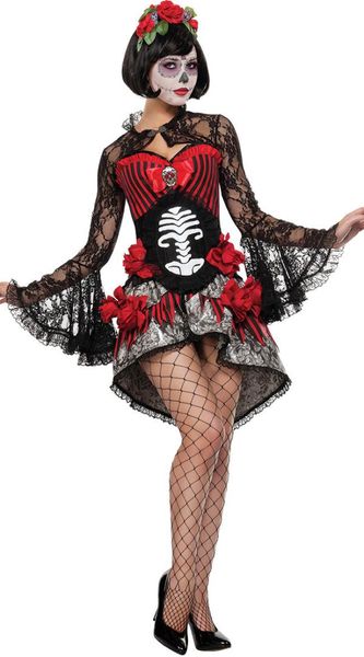 

wholesale-day of the dead costume sugar skull dia de los muertos halloween fancy dress, Black;red