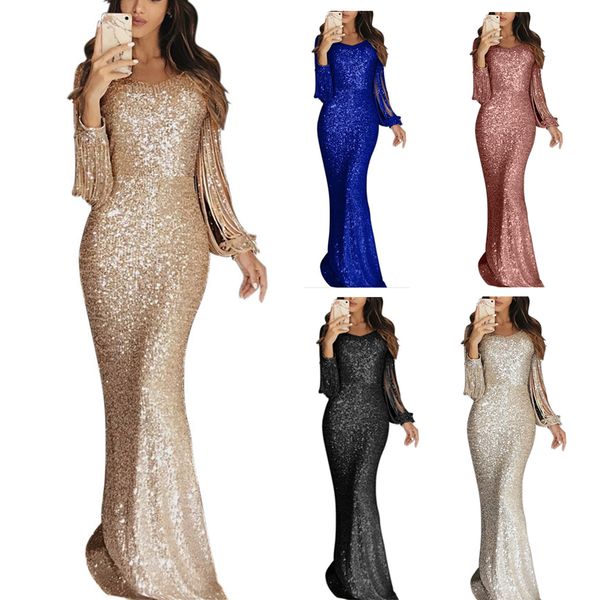 

wipalo women long sleeves tassel sequins evening party dress ladies cold shoulder bodycon maxi dress robe femme vestidos, Black;gray