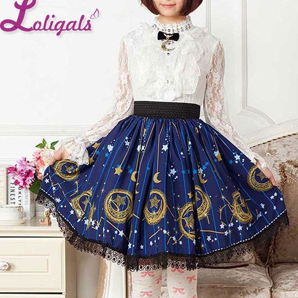 

mori girl blue skater skirt moon and star printed lady's pleated short lolita elastic waist skirt, Black