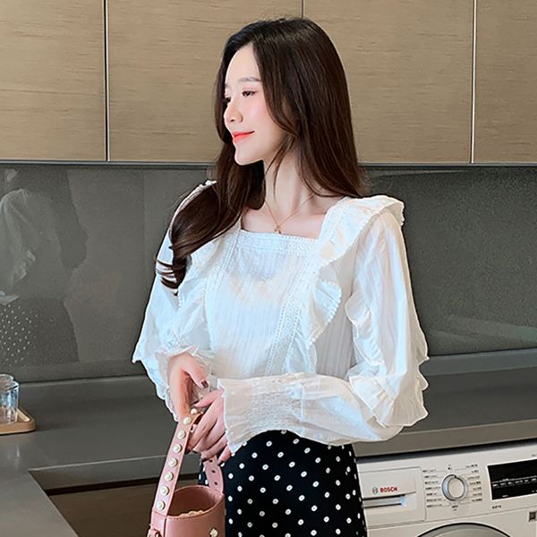 

расклешенный рукав шифоновые блузки оборками белая кружевная блузка женская рубашка спинки с длинным рукавом 2020 летние топы женщина chemis, White