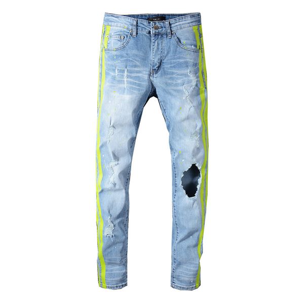 

new men's skinny jeans distressed single hole hollow pants green side blue denim hole trousers street clothing slim jeans men