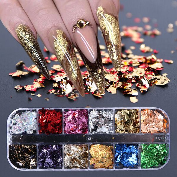 

12 grid nail sequins paillette aluminum irregular flakes gold silver pigment nail art decoration mirror glitter foil paper, Silver;gold