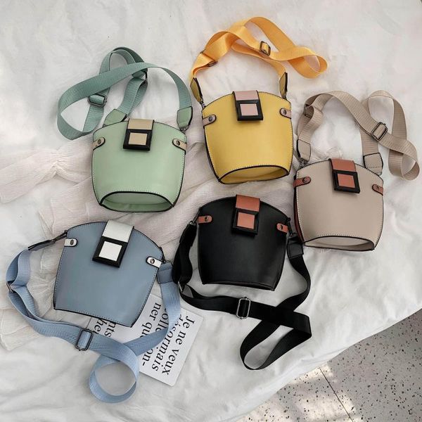 

ladies crossbody bag fashion wide strap bucket bag casual pu leather women shoulder hit color messenger purse