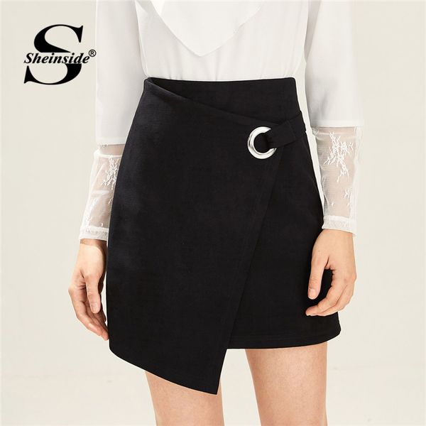

sheinside o-ring detail asymmetrical hem office skirt ladies mid waist black pencil skirts womens workwear 2019 women mini skirt