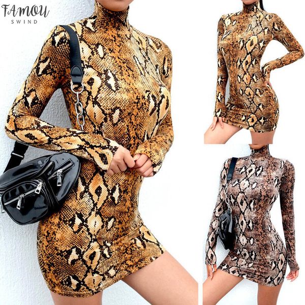 

snake skin print turtleneck short sleeve dress 2020 autumn women bodycon snakeskin high neck party mini dresses, Black;gray