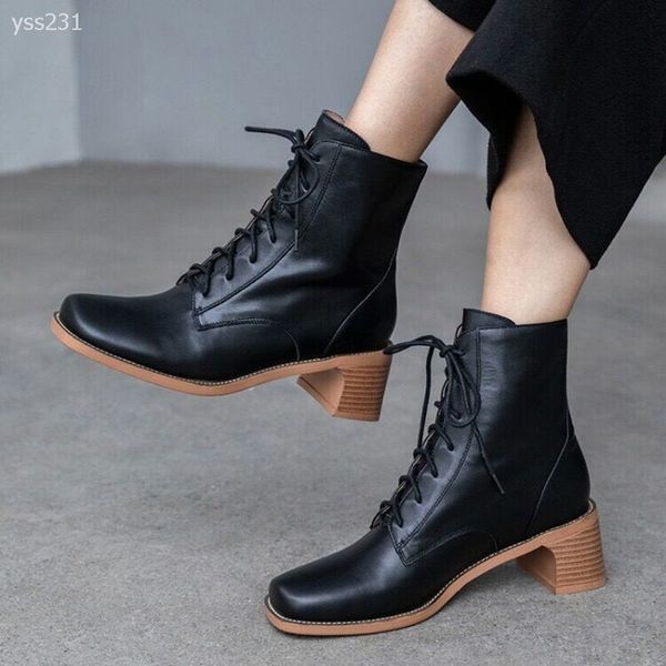 

europe and america genuine leather ladies martin boots mid boots warm thick with fashionable wild korean retro lace-up women's shoes, Black