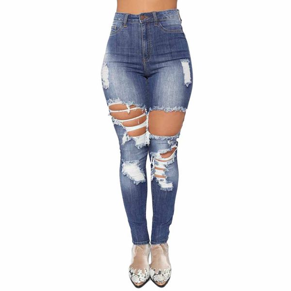 

women stretch jeans pants hole denim long scratched high waist capris plus size trousers slim pantalones cool streetwear ripped, Blue