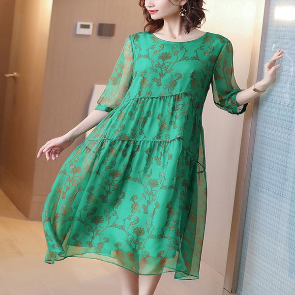 

green silk dress half sleeve floral print elegant chinese maxi dresses for women 2020 summer robe femme plus size, White;black