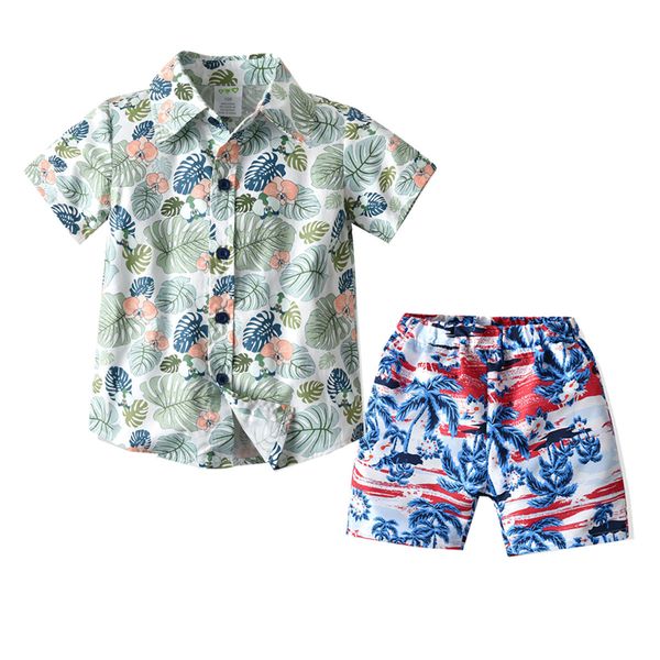 

travel 2020 summer boys set children's beach vacation beach pants printed shirt beach pants set, White
