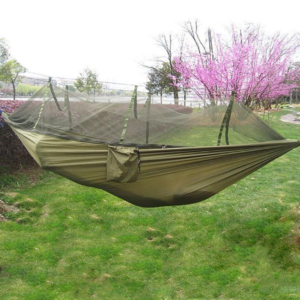 

1-2 person portable outdoor hammock camping hanging sleeping bed with mosquito net garden swing relaxing parachute hammock7