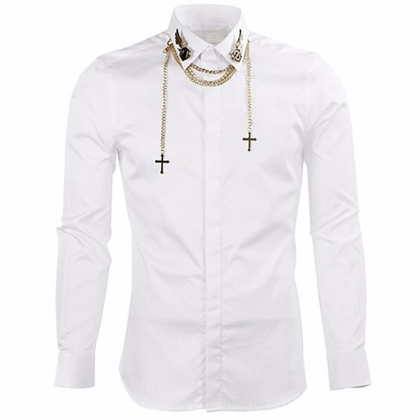 

luxury men's shirts brand long sleeve shirts men with chain slim fit mens dress casual chemise homme camisas hombre black, White;black