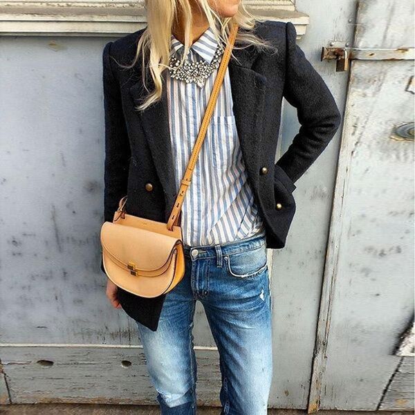 

fashion coat winter women jacket turn down collar solid button coat casual lady slim elegant woolen blends outerwear clothes s24, Black