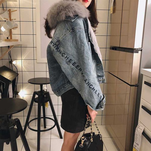

2020 new winter denim parkas for women for collar removable fur liner warm coat embroidery letter denim jackets, Black