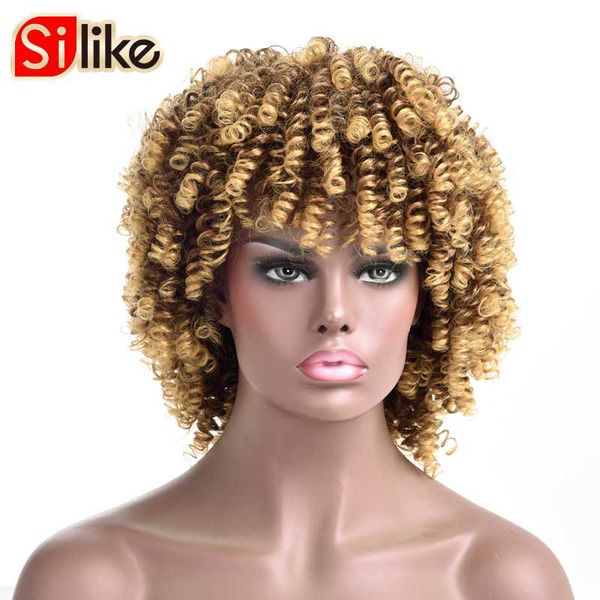 

silike short bouncy curl wig afro kinky curly wig synthetic short with bangs mixed brown blonde for black women