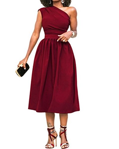 

cymbopogon womens one shoulder dress formal evening elegant sleeveless midi dresses with pockets, Black;gray