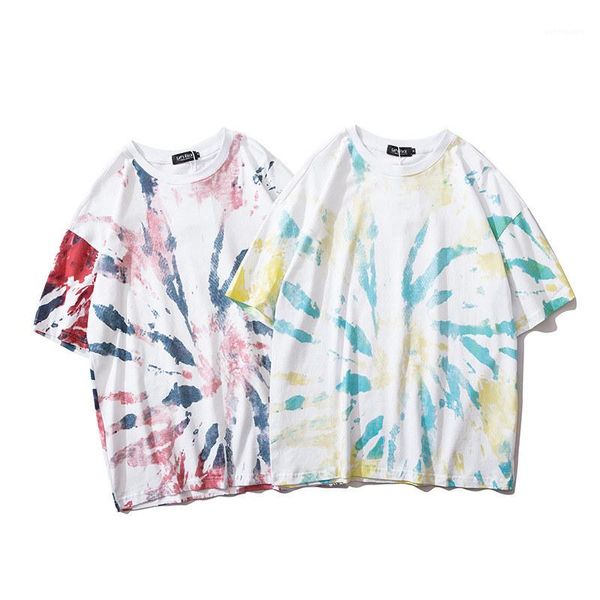 

tie dye short sleeve round neck trend tees casual male mens gradient letter print tshirt fashion, White;black