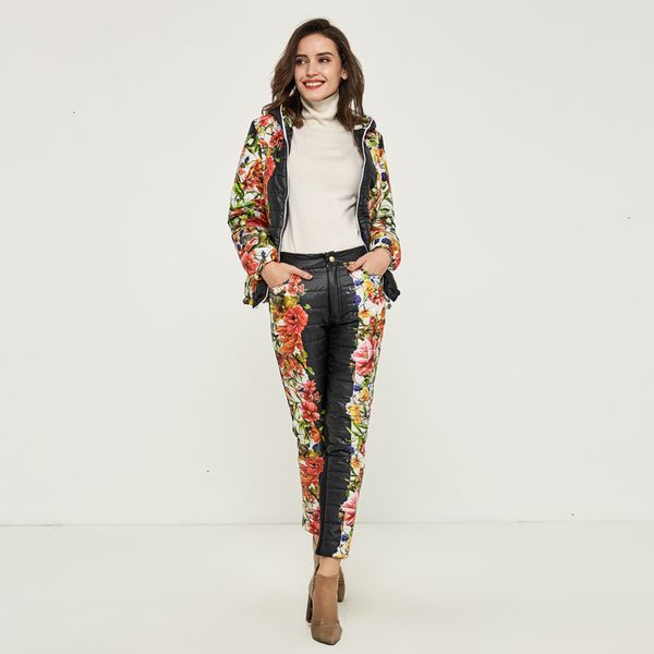 

jacket white duck down winter women casual flower printed hooded warm basic parka suits coat pants sets winter outwear wat270, Black