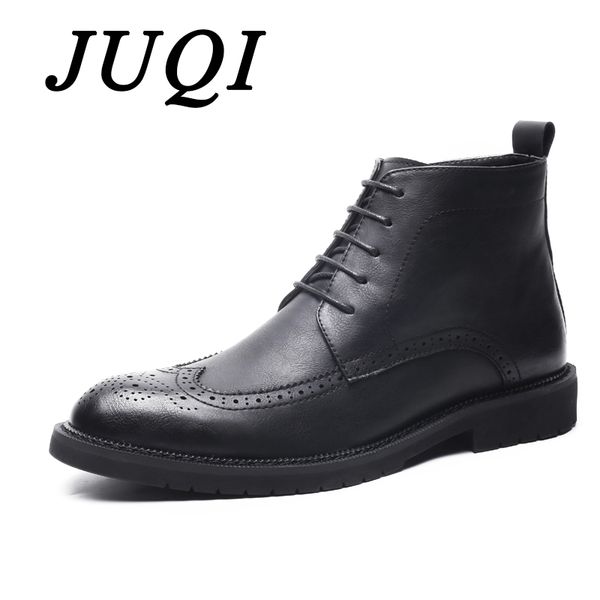

juqi new fashion brogue boots men winter autumn shoes lace-up male dress shoes handmade busines, Black