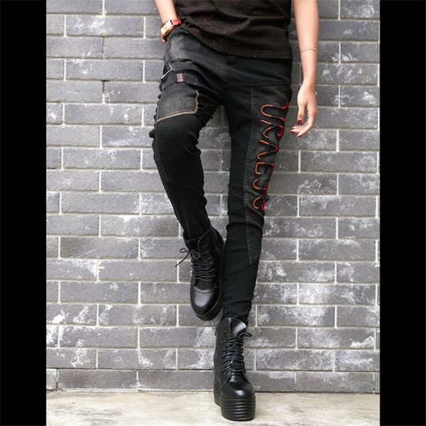

2020 spring new elastic waist jeans woman hip hop rock style skinny jeans women black denim stitching cotton pencil pants, Blue