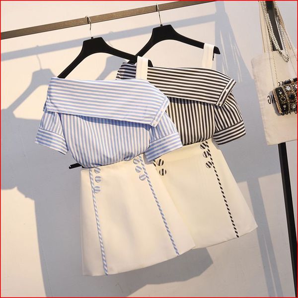 

2019 new summer fashion women's sets xxxxl stripes slash neck oblique shoulder blouses + short a-line skirts students suits, White