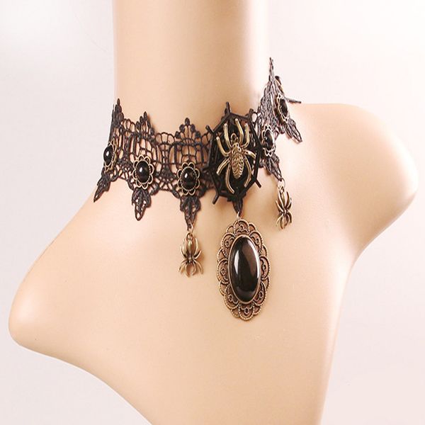 

women gothic retro lace spider web choker necklace bead pendant chain collar, Silver