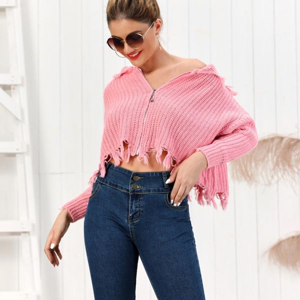 

fashion casual solid color hooded sweater sweet chic tassel short crop coat autumn new zip up knit cardigan for women, White