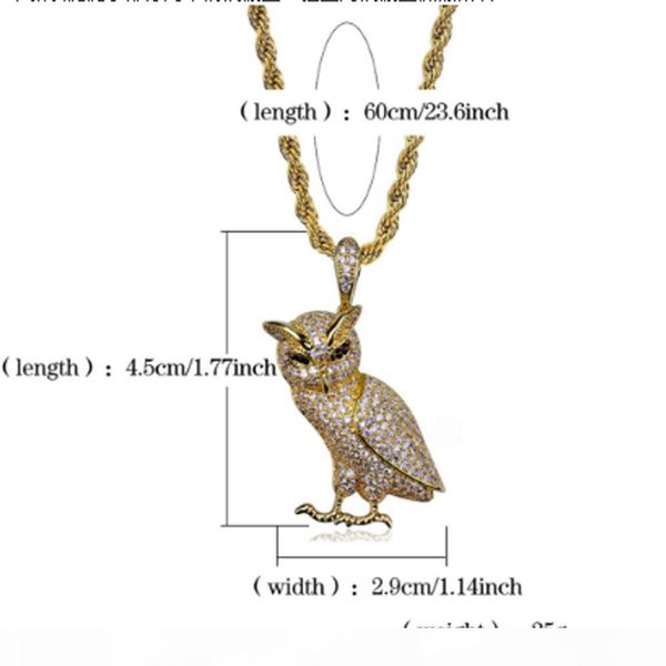 

luxury iced out stainless steel animal owl pendant necklace with 60cm rope chain micro pave cubic zirconia simulated diamonds pendant, Silver