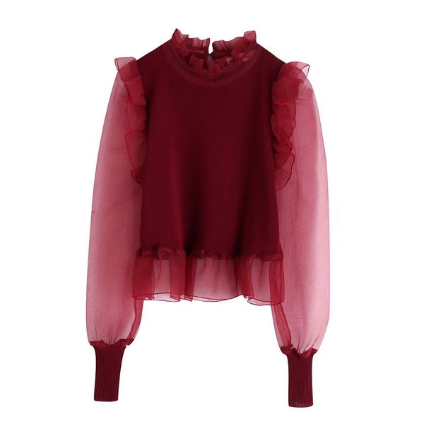 

stylish women blouse shirt autumn 2019 new fashion stretch knit patchwork sleeve modern lady ruffle pullovers, White