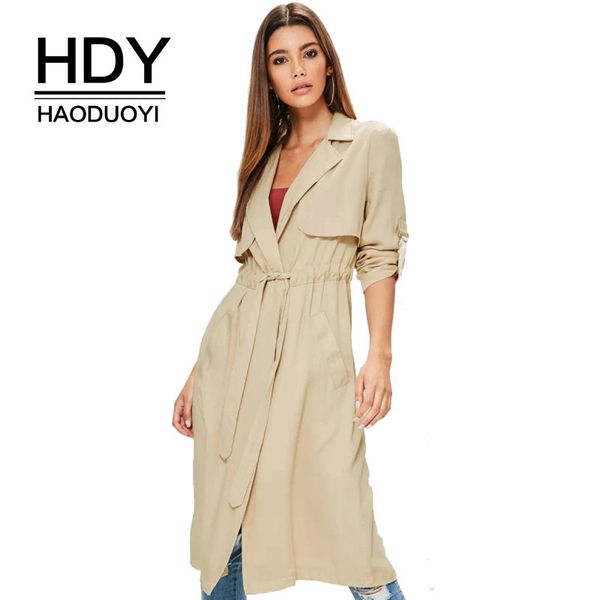 

hdy haoduoyi england style women coat turn-down collar long trench coat solid beige belted high waist ladies outwear, Tan;black