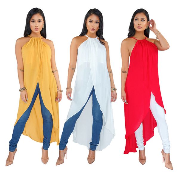 

Summer Women Chiffon Halter Dress Female Solid Color Panelled Hi Lo Dresses Sexy Ladies Backless Holidays Dresses