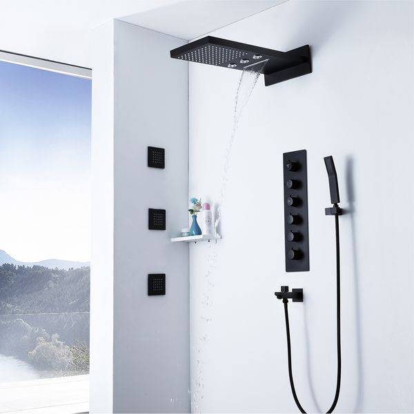 

black thermostatic shower faucets rainfall showerhead waterfall water column bathroom shower massage spray jets brass
