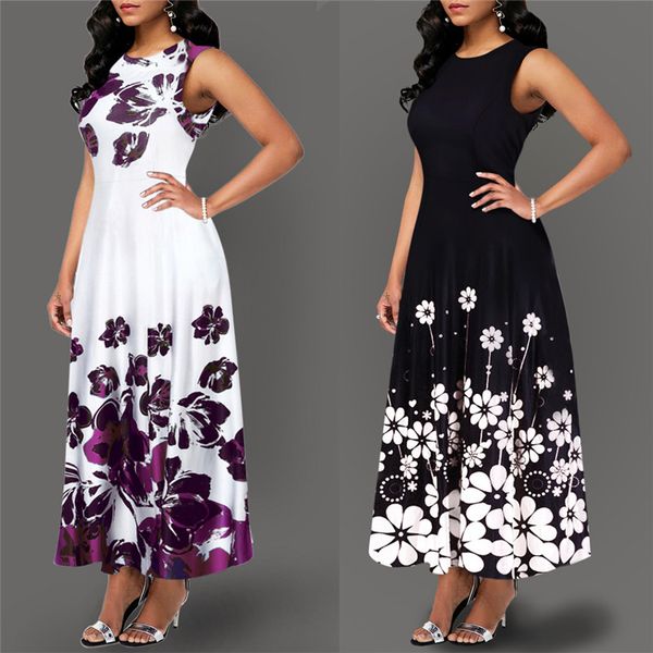 

large size elegant women's floral print long maxi dress evening party beach dress summer sleeveless long flower sundress costume, Black;gray