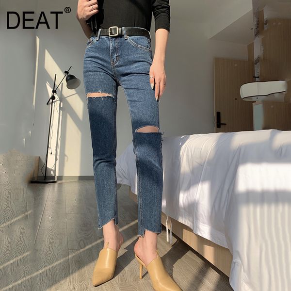 

deat] 2020 fast delivery spring jeans denim pants for women high waist elastic with belt leisure cut a hole small feet ap635, Blue