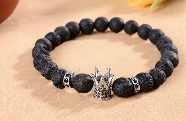 

8mm uki4 crown gold cz zircon cubic zirconia elastic adjusted black volcanic lava bracelet stone bead essential oils diffuser