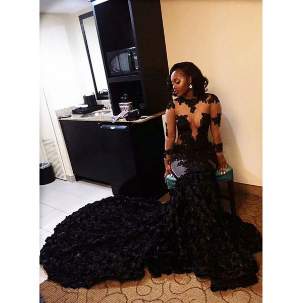 

unique flower fabric afican black girls evening dresses with illusion long sleeves embroidery high neck dresses evening wear prom formal, Black;red