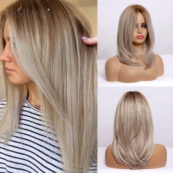 

easihair ombre light blonde medium length straight natural hair wigs middle part heat resistant synthetic wigs cosplay for women, Black