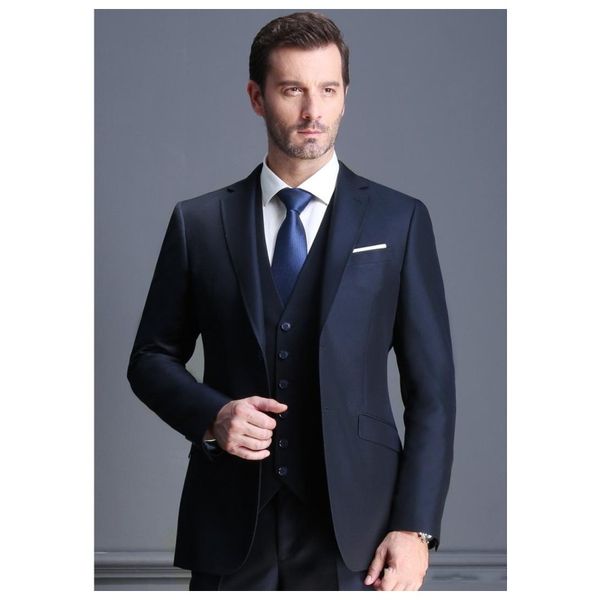 Abiti da uomo blu scuro Due bottoni con risvolto con risvolto Slim Fit Spacco posteriore Miglior abito da lavoro Abiti da ballo Smoking da sposa (giacca + pantaloni + gilet + cravatta)