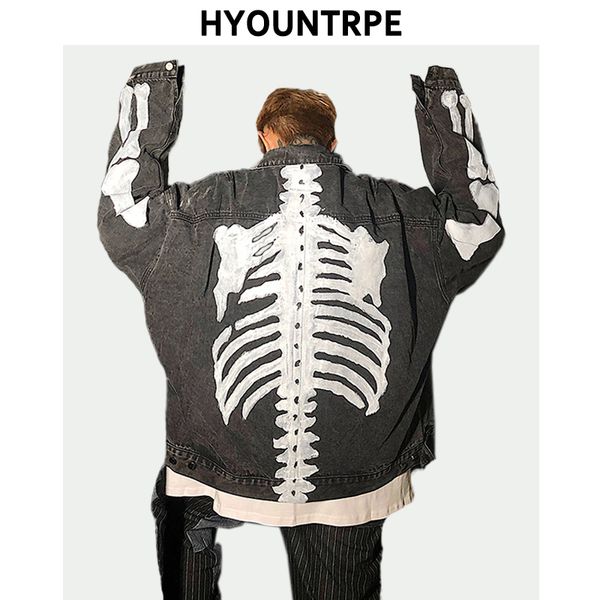 

skull printed denim jackets mens fashion turn down collar long sleeve jean loose outerwear new casual streetwear jeans jackets, Black;brown